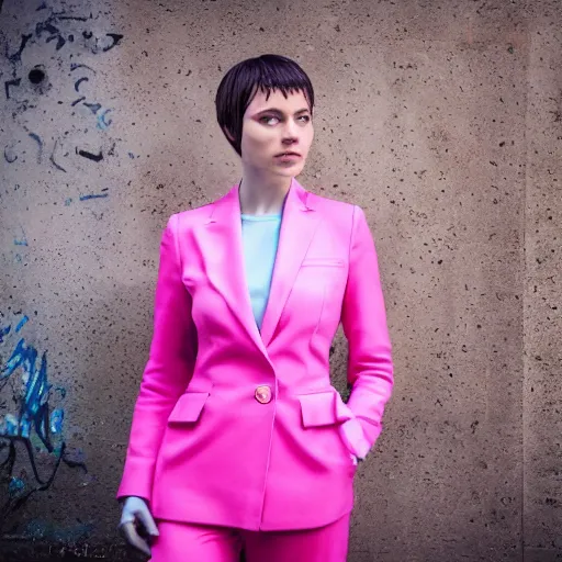 Prompt: hyperdetailed beautiful photo of a seductive woman with light blue eyes, really short hair, in a cybercity, wearing strict pink wool suit, covered, inside berghain, classic, photo 3 5 mm leica, hyperdetail, 8 k, very detailed, fine - face