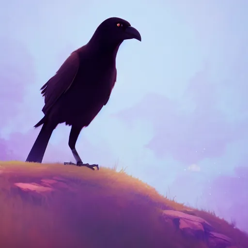 Image similar to a wholesome animation key shot of a crow on a hill, portrait shot, centered subject, studio ghibli, pixar and disney animation, sharp, rendered in unreal engine 5, anime key art by greg rutkowski, bloom, dramatic lighting