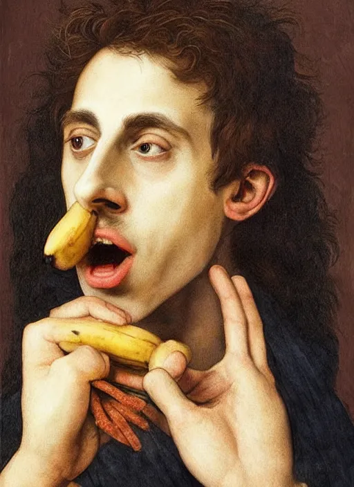 Image similar to (((( a painting of a Timothee Chalamet EATING an BANANA, a character portrait by Dürer, behance, pre-raphaelitism, da vinci,y pre-raphaelite, detailed painting“