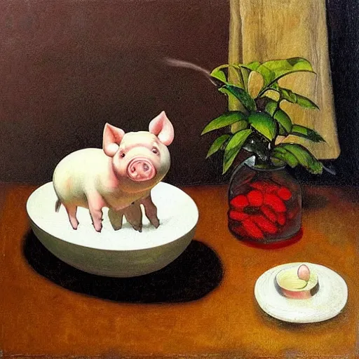 Image similar to “a portrait in an art student’s apartment, a feminine pig in a bubble bath, pork, ikebana white flowers, white wax, squashed berries, acrylic and spray paint and oilstick on canvas, by munch and Dali”