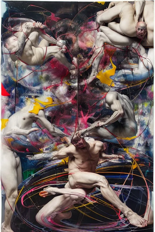 Image similar to muscular men entwined together, floating in space, zero gravity, inside a brutalist space ship, gothic, rich deep colours, painted by francis bacon, adrian ghenie, james jean and petra cortright, part by gerhard richter, part by jenny saville, part by takato yamamoto. 8 k masterpiece