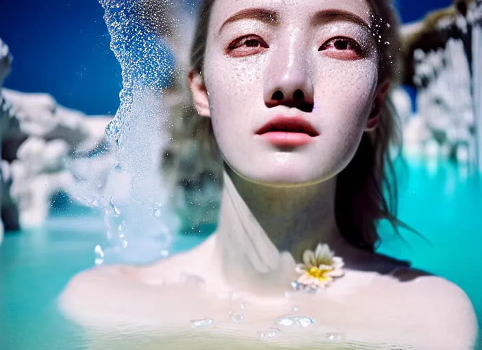 Image similar to Kodak Portra 400, 8K, soft light, volumetric lighting, highly detailed, portrait photo of Rena Nounen by WLOP, the face emerges from a Pamukkale, thermal waters flowing down white travertine terraces with lotus flowers, inspired by Ophelia paint , blue shirt and hair are intricate with highly detailed realistic beautiful flowers , Realistic, Refined, Highly Detailed, ethereal lighting colors scheme, outdoor fine art photography, Hyper realistic, photo realistic, masterpiece