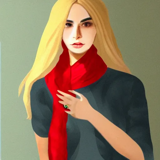 Image similar to A photorealistic portrait of an Iranian young woman with long blonde hair wearing a red scarf