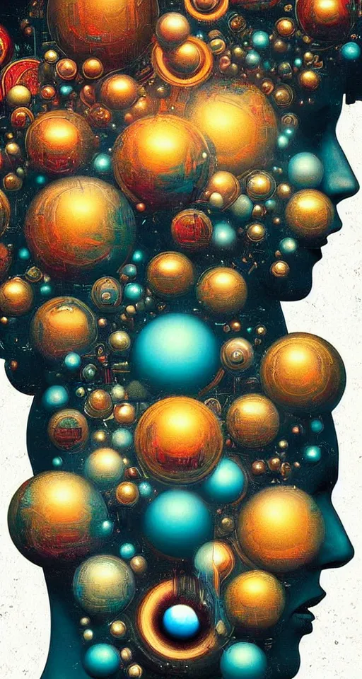 Image similar to art deco close up portait of head surrounded by spheres, like a dream digital painting cinematic dramatic fluid lines otherworldly vaporwave interesting details rule of thirds epic composition by artgerm basquiat