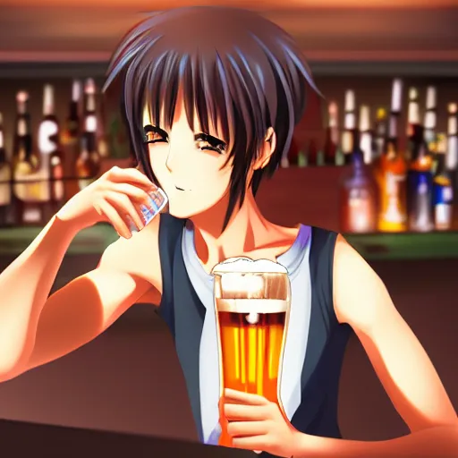 Prompt: Masculine looking anime girl at a bar drinking a beer, warm glow from the lights, angle that looks up at her from below, deviantart, pixiv, detailed face, smug appearance, beautiful anime