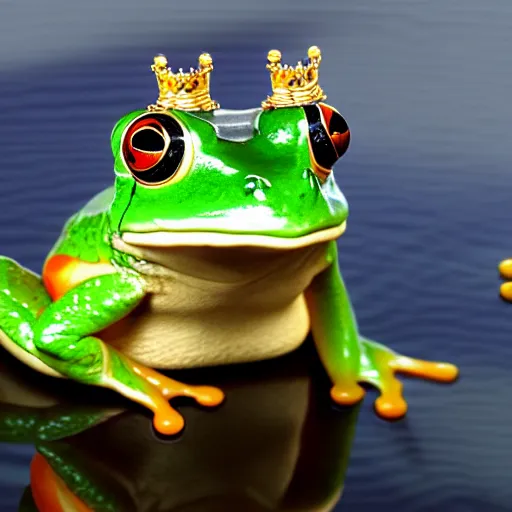 Image similar to a photorealistic frog king sitting on a throne, surrounded by frog servants next on the side of the pond
