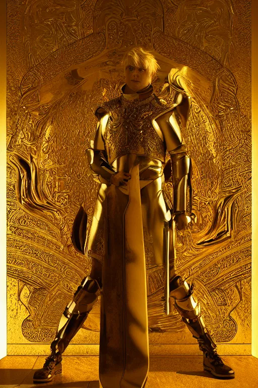 Prompt: arthur pendragon posing with golden rays shinning in the throne room, dramatic lighting, homoerotic, realistic | by mark maggiori and frederic remington | trending on artstation