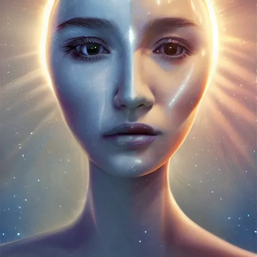 Image similar to 3 d, sci - fi, close - up, night, smiling fashion model face, moon rays, cinematic, clouds, sun rays, vogue cover style, poster art, blue mood, realistic painting, intricate oil painting, high detail illustration, figurative art, multiple exposure, poster art, 3 d, by tooth wu and wlop and beeple and greg rutkowski