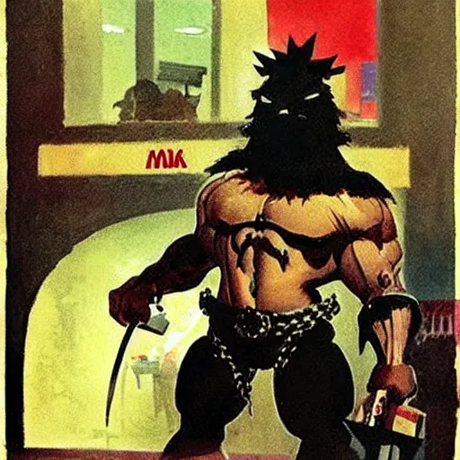 Image similar to angry black ork ordering at mcdonalds, polite cashier, illustration by frank frazetta