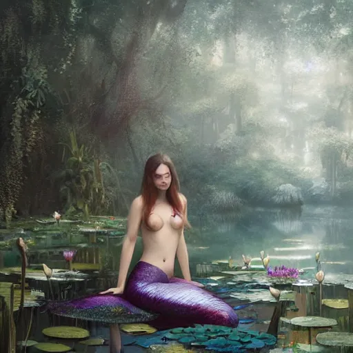 Image similar to art of a mermaid resting in a dense forest near a pond with water lilies by greg rutkowski, artgerm, artstation, wlop, 8 k,