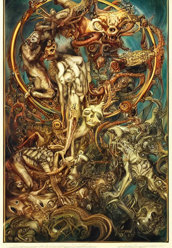 Image similar to simplicity, colorful muscular eldritch animals and bodies radiating spiral, mandala white bones, by h. r. giger and esao andrews and maria sibylla merian eugene delacroix, gustave dore, thomas moran, pop art, chiaroscuro, biopunk, art nouveau