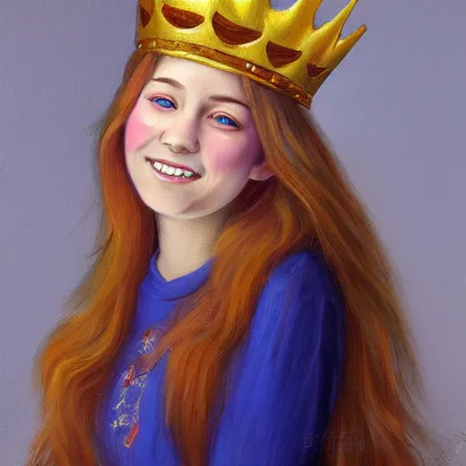 Prompt: young smiling teen queen with long golden hairs in golden crown, very white pale, blue eyes, painting by Beksinsk