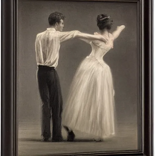 Prompt: old lady and young gentleman ballroom dancing by alfred stevens in charcoal