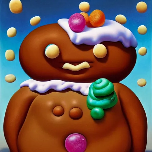 Image similar to portrait of a depressed gingerbread man living in candyland painted by fernando botero and mark ryden and hikari shimoda, lowbrow pop surrealism