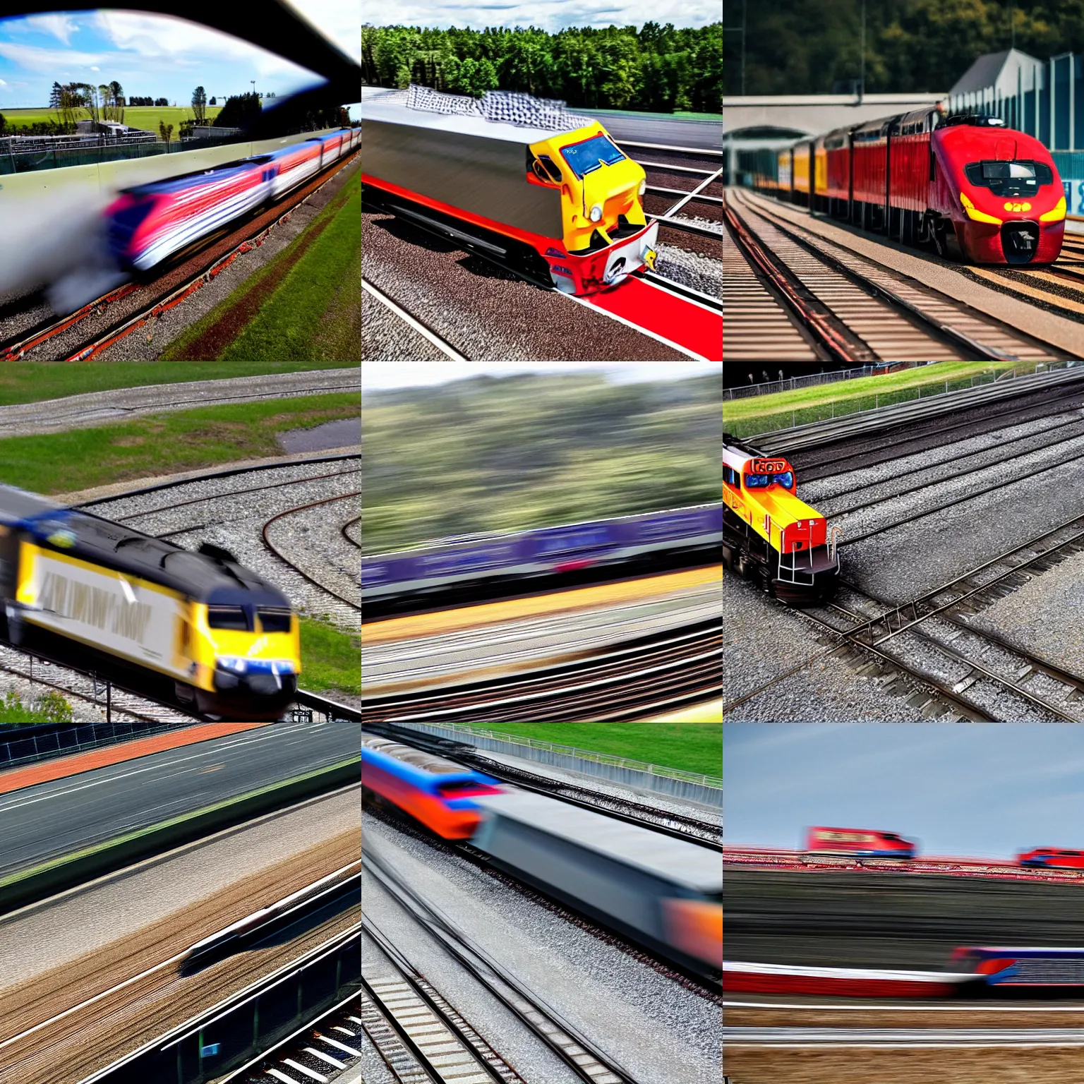 Prompt: a train!!!!!!!!!! on its qualifying lap, on a racetrack, fast shutter speed