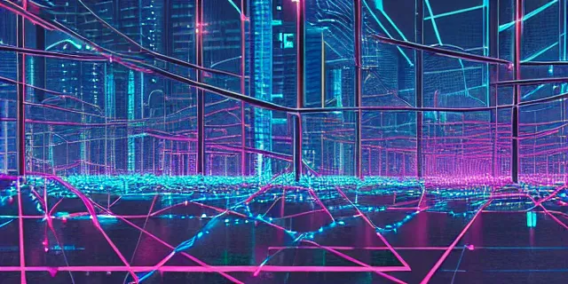 Image similar to glowing chains of interconnected network of technological cubes floating in the middle of a cyberpunk tokyo 2 0 9 9 city, in the art style of dan mumford and marc simonetii