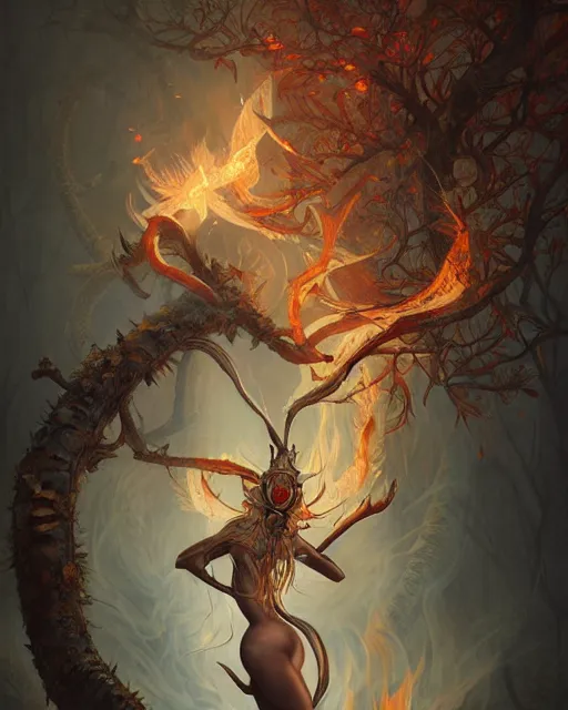 Image similar to liquid smoke and fire nicole aniston, autumn overgrowth, ancient relic archaic burning inscriptions, peter mohrbacher, artgerm, ross tran