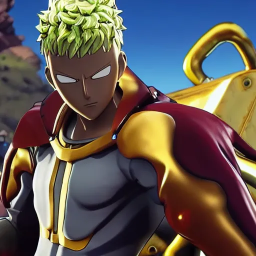 Image similar to one punch man in fortnite, character render, full body shot, highly detailed, in game render