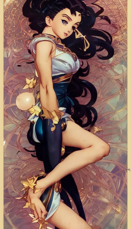 Image similar to sailor moon in a cute pinup pose by artgerm, greg rutkowski and alphonse mucha, concept art, matte, intricate, full body, epic composition