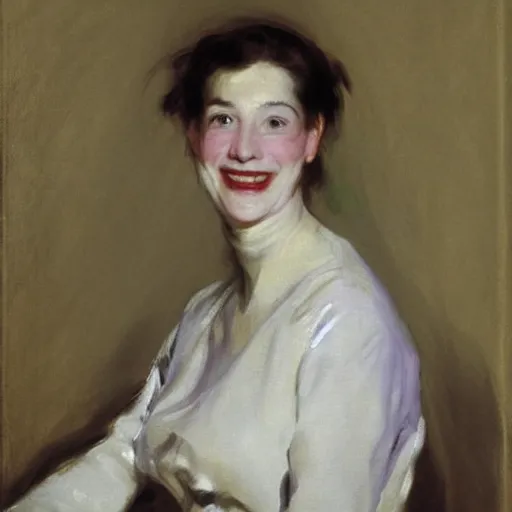 Prompt: portrait of a woman so happy, her face hurts, by john singer sargent