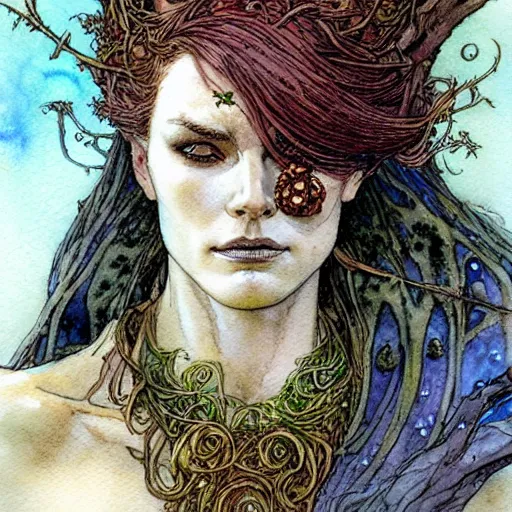 Image similar to a realistic and atmospheric watercolour fantasy character concept art portrait of a freckled incredibly beautiful woman as a druidic warrior wizard looking at the camera with an intelligent gaze by rebecca guay, michael kaluta, charles vess and jean moebius giraud