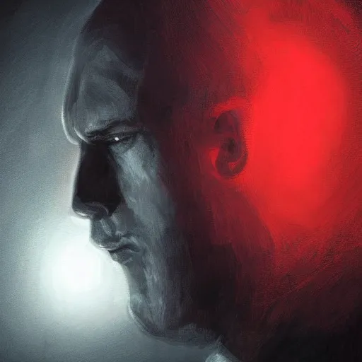 Prompt: head and shoulders view of man looking down to the side angry scowling glowing red eyes intmidating concept art painting ryan church dark moody lighting