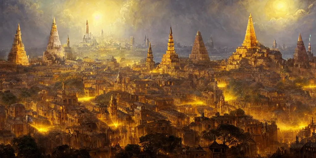 Image similar to magical city of the great tartarian empire adorned with amazing lost technology, lighting resembling fireflies, spires from rooftops collecting and distributing etheric energy, the centerpiece of the city is a colossal ancient pyramid made of metal, cityscape, combining intense detail & utmost quality, late 1 8 0 0 s photography christian hecker, artstation, - h 8 3 2