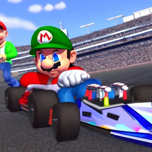 Image similar to video game screenshot of eminem in mario kart