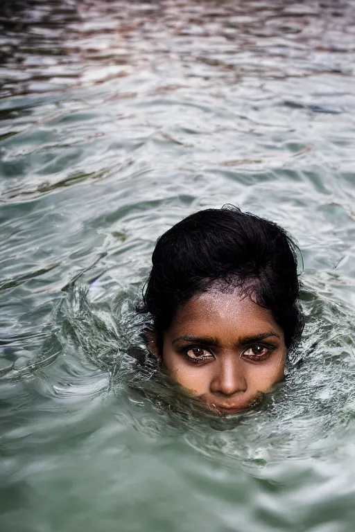 Prompt: a professional portrait photo of a sri lankan native woman, submerged in water, black hair, hunter, extremely high fidelity, natural lighting