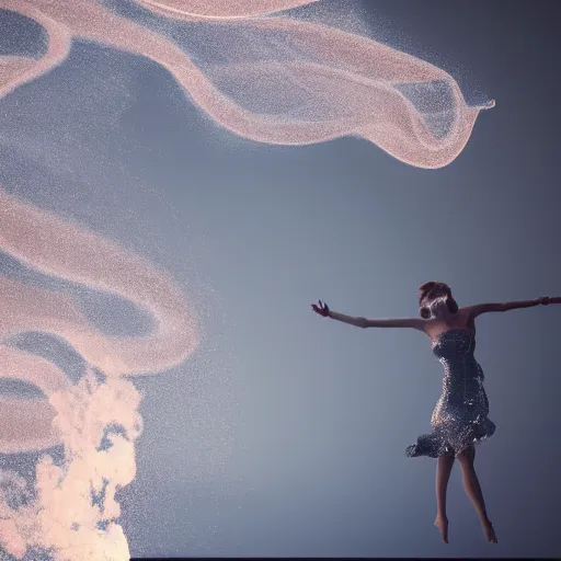 Image similar to manshaped swirling smoke beside woman dancing underwater wearing a flowing dress made of seaweed, school of tiny silver fish in the distant background, octane render, caustics lighting from sunlight above, cinematic