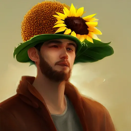 Prompt: a man wears a sunflower hat, bloom, artstation