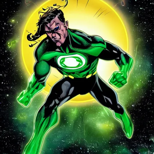 Image similar to Green Lantern fighting in space with Black Adam, comic style, planets on the background, dramatic, dark lighting, HQ