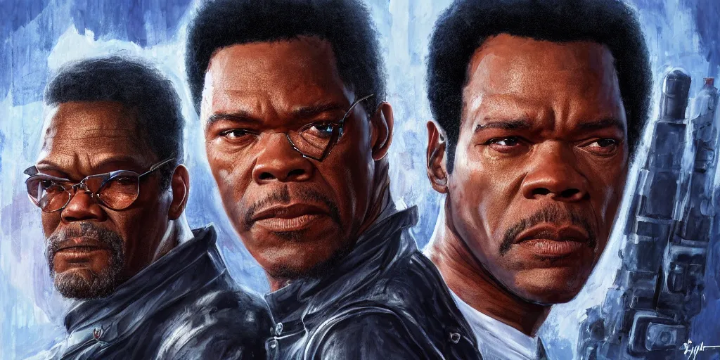 Image similar to highly detailed movie poster painting of young samuel l jackson and john travolta, perfect symmetrical eyes, by eddie mendoza and tyler edlin, 8 k resolution