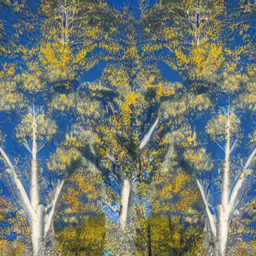 Image similar to double exposure photograph of three eucalyptus trees, flash exposure, autumn, in the style of edward steichen and matisse,