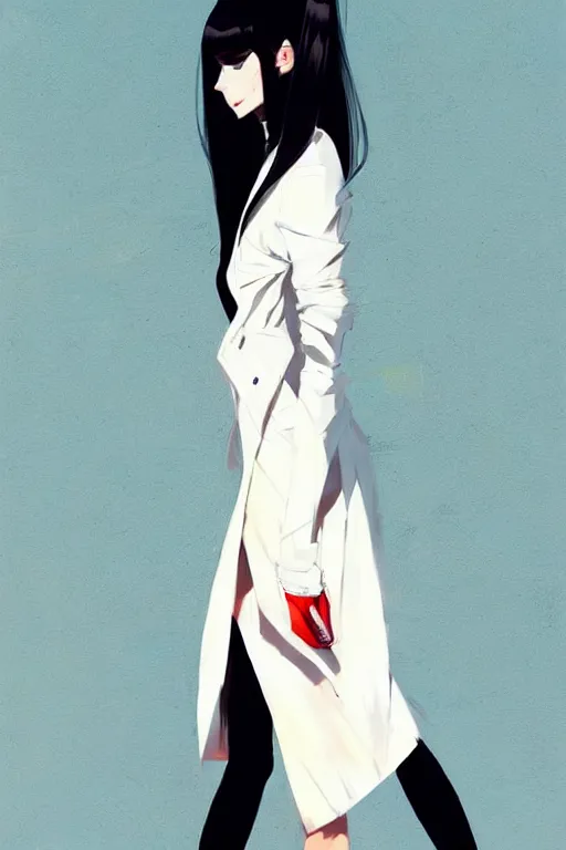 Image similar to a ultradetailed painting of a stylish woman wearing a white jacket with black skirt, by conrad roset, greg rutkowski and makoto shinkai trending on artstation