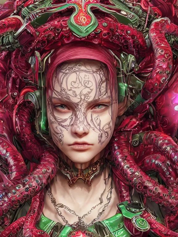 Prompt: portrait art of 8k ultra realistic green-eyed girl,intricate red crown on small purple tentacles, detailed intricate red ornate armour, cybernetic, full of colour, cinematic lighting, trending on artstation, 4k, hyperrealistic, focused, extreme details,unreal engine 5, cinematic, masterpiece, art by ayami kojima,