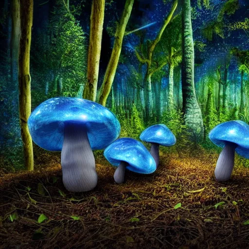 Prompt: a magical enchanted forest with a blue with a fireflies at night. in the forest there's oversized mushrooms, photograph, detailed, 4 k