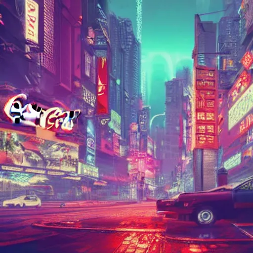 Image similar to a cyberpunk city with crazy neon coca - cola signs in an apocalyptic atmosphere, photorealistic, 4 k