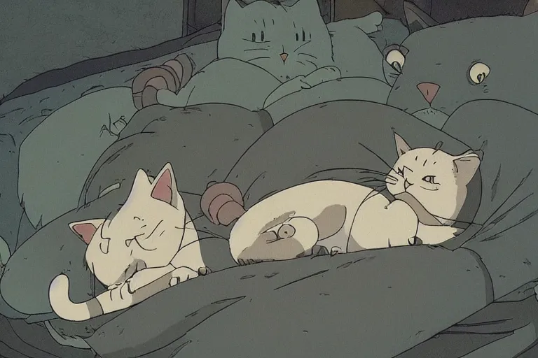 Image similar to a cat dreaming of chaos, studio ghibli, detailed