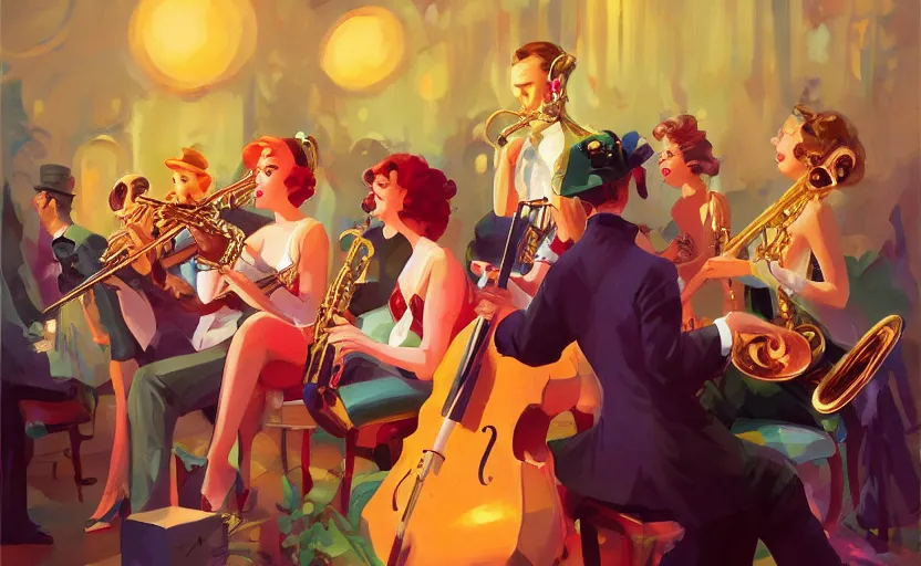 Image similar to the enchanted jazz band party with musicians and a glamorous female singer, 1 9 4 0, vintage micrphone, tenor saxophone, behance hd artstation by jesper ejsing, by rhads, makoto shinkai and lois van baarle, ilya kuvshinov, ossdraws