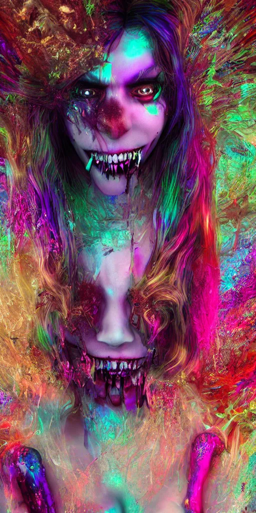 Prompt: impossibly beautiful vampire with large vampire fangs, full body, intricate complexity, surreal horror, psychedelic glitch art, rainbow drip paint, trending on art station, photoreal, 8 k, octane render