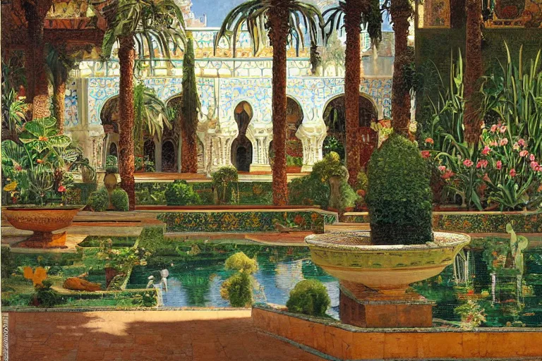 Image similar to painting of a beautiful moorish palace courtyard garden, by arkady rylov and rudolf ernst and maxfield parrish, patterned tilework, palm trees, tiled fountains, extremely detailed, cinematic lighting, smooth sharp focus