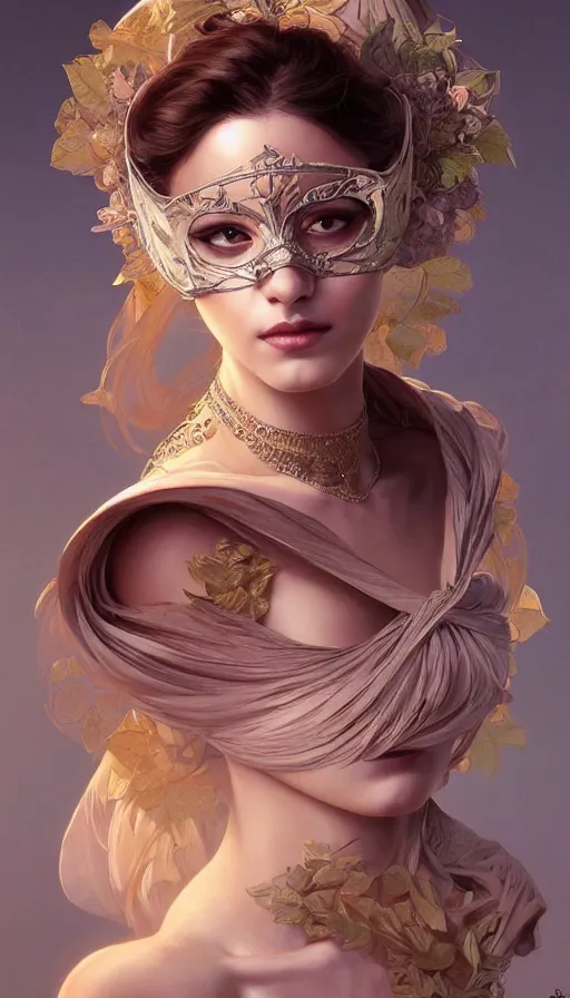 Image similar to masked, perfectly-centered-Portrait of the most beautiful woman on the planet , intricate, highly detailed, digital painting, artstation, concept art, smooth, sharp focus, illustration, Unreal Engine 5, 8K, art by artgerm and greg rutkowski and alphonse mucha