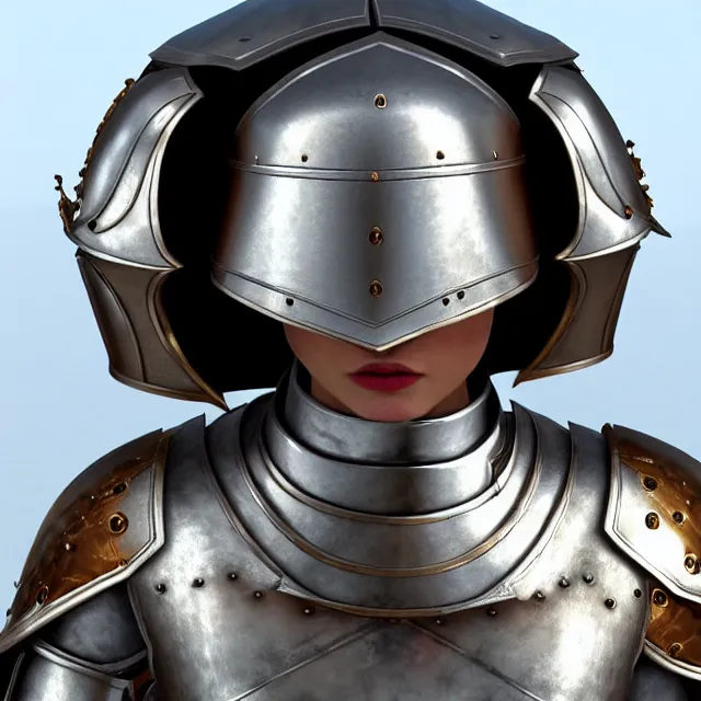 Image similar to perfectly centered close up portrait of a female knight in full body armor, candid photography, by anne stokes, updo, highly detailed, unreal engine 5