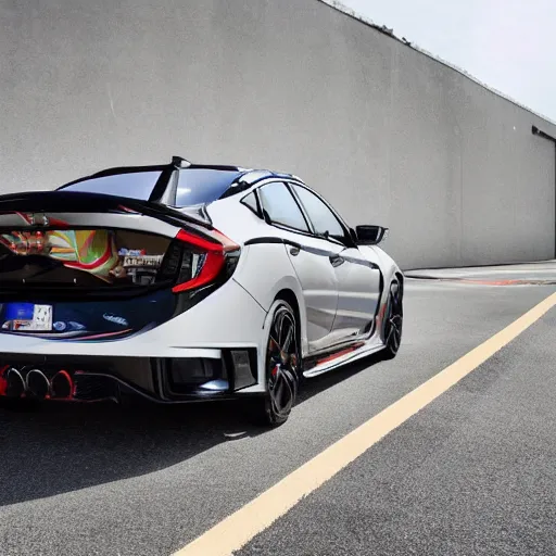 Prompt: 2 0 2 0 civic coupe type r from behind, carbon fiber wing spoiler