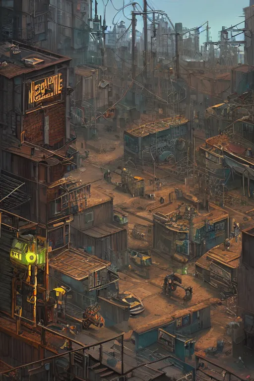 Image similar to a industrial STEAMPUNK CITY Street scenery in the FAVELAS, signs, billboards and cable Connecting MULTI LVL BUILDINGS, rendered by simon stålenhag, rendered by Beeple, Makoto Shinkai, syd meade, environment concept, digital art, starwars, raphael lacoste, eddie mendoza, alex ross, concept art, cinematic lighting, , unreal engine, 3 point perspective, WLOP, trending on artstation, low level, 4K UHD image, octane render,