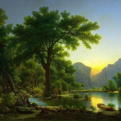 Image similar to a desert oasis, kindred spirits, lush harmony of nature, sparkling dew, by asher brown durand, by jamie jones,