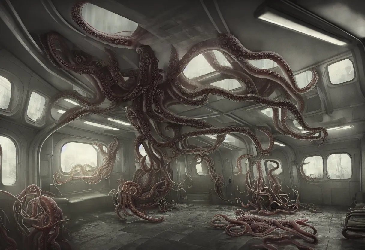 Image similar to the interior of a busy subway wagon, there is a huge monster octopus on the interior, tentacles creeping in through the windows and gaps, octane render, 4 k, urban photography,