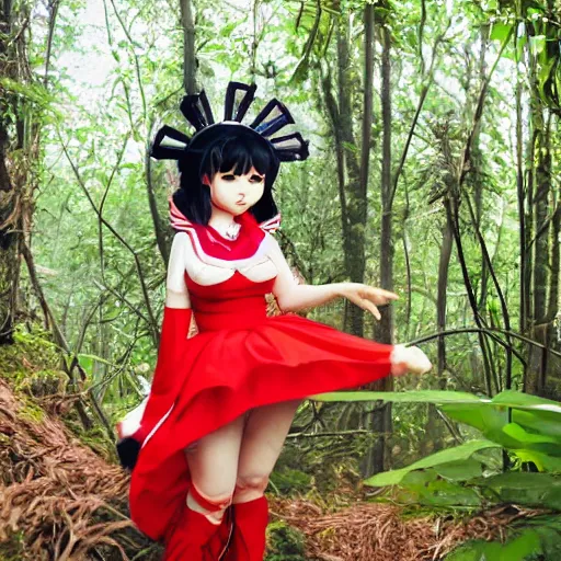 Image similar to a ilya kuvshinov of reimu in the jungle wearing bonnet