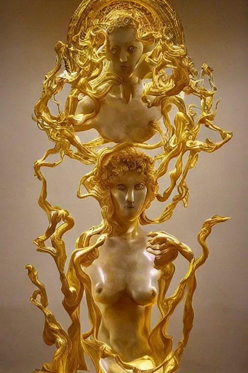 Image similar to marble sculpture depicting a woman programming the samsara holy cluster, hi tech, sci fi, dramatic light, concept art, stunning, visionary, mystical, hyper realistic, beautiful, wow, gilt metal, rich marbles, by gian lorenzo bernini, by brecht evens, by jean delville